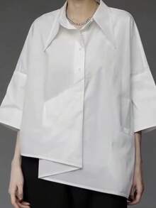 女士不对称休闲黑色衬衫 - 白色 - 查看 3