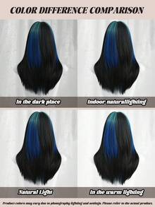 NAMM Tóc giả dài ngang vai 20 inch màu đen ombre xanh dương có mái, tóc giả bồng bềnh highlight xanh dương dành cho nữ sử dụng hàng ngày, dự tiệc, tóc giả tổng hợp chịu nhiệt không cần keo, tóc giả hóa trang lễ hội K-Pop - Màu xanh lam - Xem 8