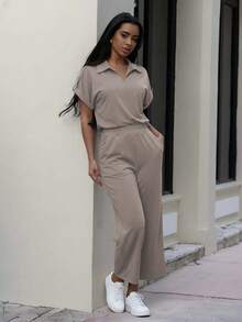Two Pieces Set Spring/Summer Women's Solid Color Minimalist Casual Set Lapel Short-Sleeve Top With High-Waisted Pocket Straight-Leg Pants Two Pieces Set - Màu Xám nhạt - Xem 2