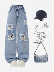 1件装休闲做旧浅蓝色牛仔裤，适合少女穿着，春夏新品 - 淺色水洗藍 - 查看 2