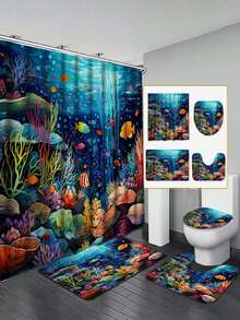 Ocean World Cartoon Series Bathroom Set - Made Of Polyester, Washable And Machine Washable, 1pc/3pcs/4pcs | Shower Curtain, Bath Mat, Toilet Seat Cover - Multicolor - View 6