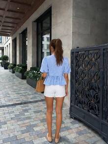 优雅女士蓝色格纹泡泡袖衬衫，系带露肩短款上衣，适合日常早午餐、约会、度假穿着 - 藍白色 - 查看 4