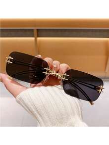 1 Pair Black & Gold Metallic Frameless Retro Chic Fashion Glasses, Unisex Design Suitable For Street Style, Driving, Vacation, Beach, Runway, And Daily Wear - Black - View 3