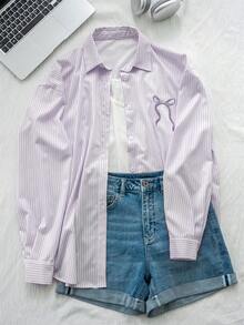 Women's Blue & White Striped Bow Tie Blouse, Loose Fit Lightweight Long Sleeve Shirt, Autumn/Winter - Purple - View 4