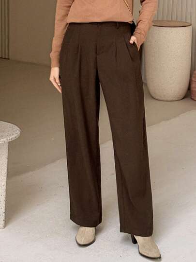 Livesso 女士休闲纯色直筒裤，女士晚秋休闲纽扣、口袋、拉链高腰阔腿长款咖啡棕色宽松女裤，休闲日常装，女士正装裤，教师裤