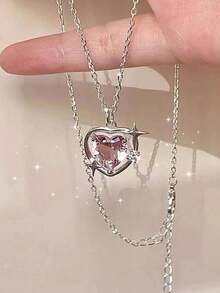 1 chiếc vòng cổ Peach Galaxy với mặt dây chuyền hình trái tim pha lê, kiểu dáng choker đa năng. - Trái tim hồng - Xem 2