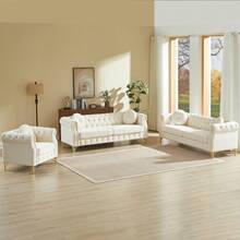 7 Seat Chesterfield Sofa With Two Pillows, Retro Style Upholstered 1+3+3 Seats Velvet Couch With Rolled Arm For Living Room Bedroom Office - Beige - View 13