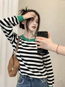 Women Casual Striped Knit Sweater, Pullover - Black and White - View 4