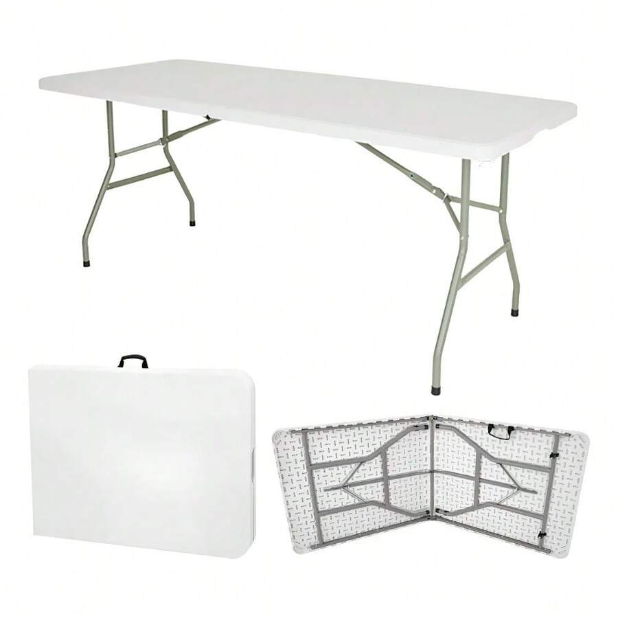 Mesa Plegable de Plastico Portatil de Jardin Tipo Portafolio Ideal para Exterior e Interior Fiestas y Eventos al Aire Libre 180 cm - Blanco - Ver 1