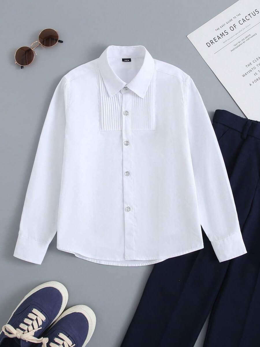 Unisex Tween Girl Classic Cotton Long Sleeve Pleated Shiny Button School Uniform Shirt, Formal Top, White, Suitable For Back To School, Graduation, Performance, Campus, Formal Occasions, Party, Banquet - White - View 1
