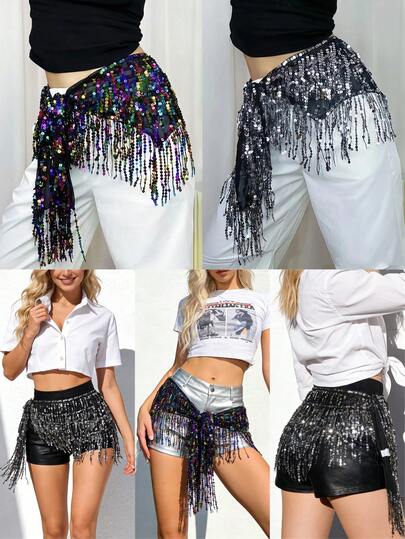 1件亮片流苏半身裙，女士性感露脐裙，可调节腰带，臀巾式裹裙，狂欢节、锐舞表演服装，适合节日、派对、夜店、海滩穿着，异域风情服饰装饰