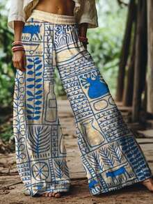 2026 Women's New Arrival Blue & White Retro Hand-Painted Decor Pattern Boho Style Wide-Leg Elastic Waist Casual Pants - Màu xanh lam - Xem 3