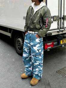 Grunge Goth Y2K Style Men's Fashion Casual Street Loose Personalized Youth Sports College Straight Casual Street Camo Denim Jeans - Blue - View 3