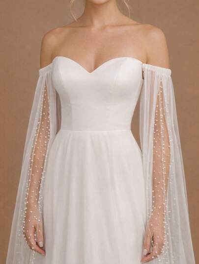 1 双新娘加长可拆卸珍珠袖套，女士手套，适合晚礼服新娘婚礼配饰