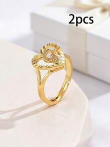 2pcs Elegant Hollow Heart & Letter Adjustable Rings, Fashionable Jewelry Gifts Suitable For Women, Girlfriends, Wives, Mothers, Families And Friends On Birthdays, Anniversaries And Other Occasions - Yellow Gold - View 18