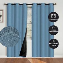 1pc/2pcs Blackout Blue Thermal Insulated Curtain Fabric - 99% UV-Resistant Polyester, Grommet Hanging, Linen Texture, Bedroom Art Theme, Coated Blackout Thermal Insulation, Noise Reduction - Ideal For Bedroom, Farmhouse And School Deep Sleep, 120gsm - Blue - View 1