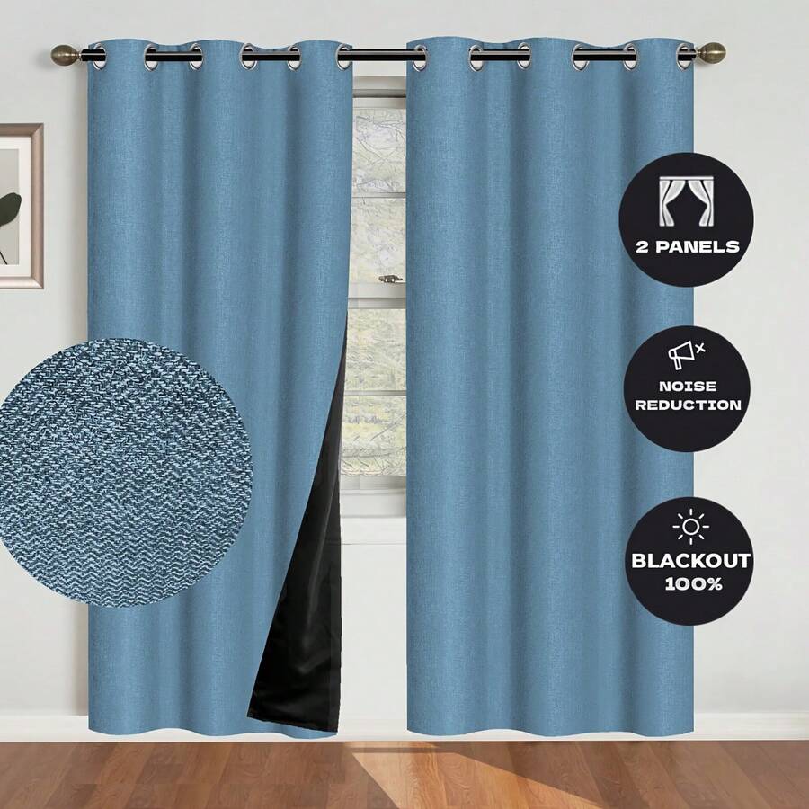 1pc/2pcs Blackout Blue Thermal Insulated Curtain Fabric - 99% UV-Resistant Polyester, Grommet Hanging, Linen Texture, Bedroom Art Theme, Coated Blackout Thermal Insulation, Noise Reduction - Ideal For Bedroom, Farmhouse And School Deep Sleep, 120gsm - Blue - View 1