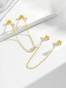 1对S925纯银ins风链条流苏水钻耳钉，个性百搭日常耳环，女士款 - 金色 - 查看 3