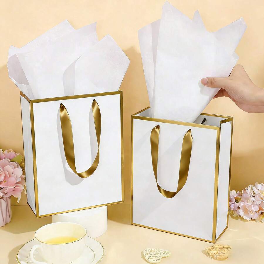 10pcs/4pcs/1pc - Metal Texture Paper Gift Bags With Handles, Thin Paper Material, Thank You Gift Bags, Sensory Gift Bags, Suitable For Gifting To Ladies, Graduates, Brides, Bridal Showers, Grooms, Etc. - Gift Packaging - Graduation Gifts - Mother's Day Gifts - Wedding Gifts (White, Gold) - White Gold - View 1