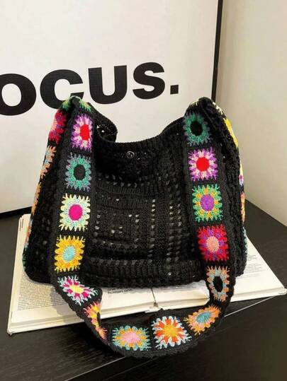 Korean-Style Fashion Knitted Bag, Bohemian Knitted Bag, Holiday-Style Hollow-Out Knitted Bag, Flower-Patterned Decorative Crossbody Bag, Shoulder Bag, Hook Bag, Women's Bag, Suitable For Travel And Seaside Vacations, Perfect For Pairing With Vacation Outfits