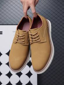 1 Pair Solid Color Casual Faux Leather Lace-Up Round Toe Breathable Office/Party Shoes, All Season - Brown - View 3