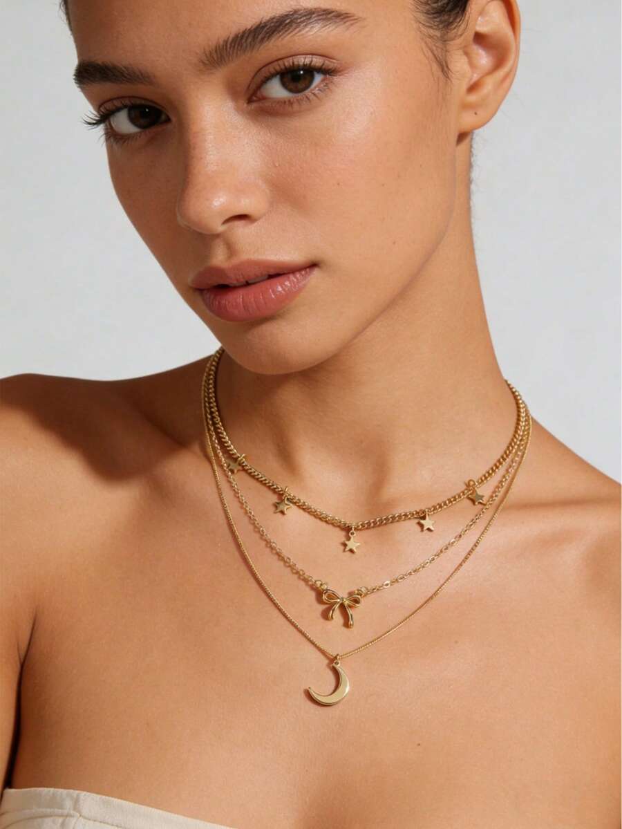Collar de oro laminado para mujer con lazo de luna y estrella, cadena múltiple, joyería de Ramadán, regalo para el Día de la Madre, caja de regalo para ella. - Amarillo dorado 3 - Ver 1