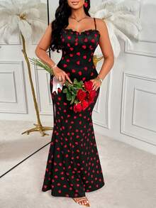 Women's Red Heart Print Spaghetti Strap Maxi Dress - Valentine's Day Edition, Fitted Mermaid Hem, Spring/Summer - Black - View 3
