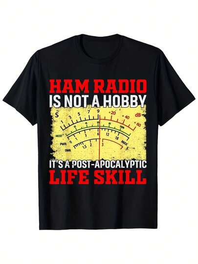 Men's Ham Radio Is Not A Hobby It's A Post-Apocalyptic Life Skill T-Shirt - Black With Red & White Graphic, Ham Radio Gauge Design, Casual Round Neck Short Sve Tee For Survivalis &