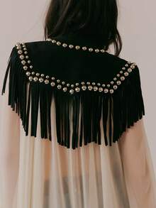 Women Tassel Vest Y2K Sleeveless Fringe Wide Eyes Suede Collar Shawl Open Front Boho Western Jacket Cardigan - màu đen - Xem 3