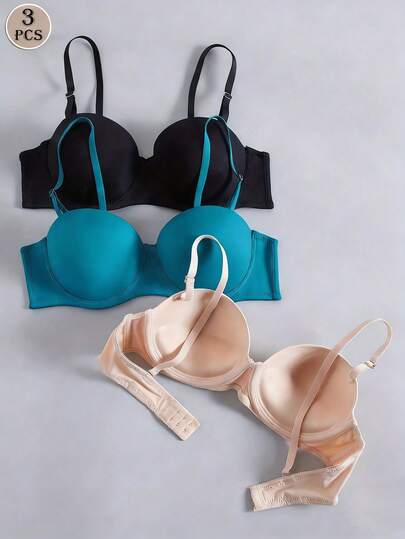 3pcs/Set Women's Seamless Underwire Push-Up Bras, Comfortable Thick Padded Support Side Breast