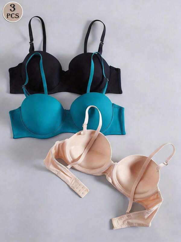 3pcs/Set Women's Seamless Underwire Push-Up Bras, Comfortable Thick Padded Support Side Breast