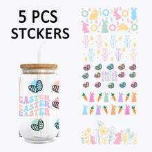 5 wielkanocnych osłonek na kubki UV DTF, pasujących do szklanych słoików Libbey o pojemności 16 uncji, wymiary 9,4" x 4,3", urocze kryształowe etykiety 3D z motywem króliczka i wiosny, które można przykleić na szkło, wodoodporne naklejki DIY bez podgrzewania, odpowiednie do wielkanocnych koszy prezentowych - Wielkanoc 06 - Zobacz 12