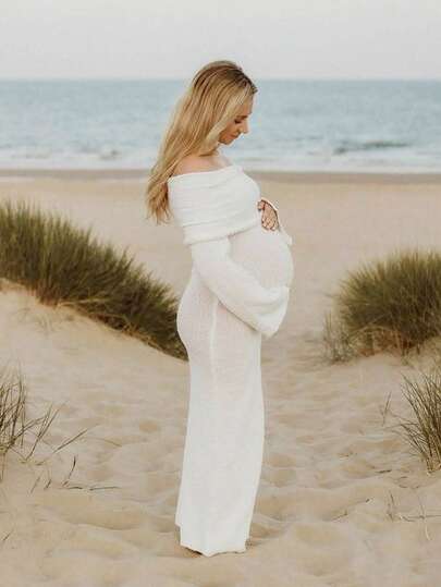 JustVH Maternity Off-Shoulder Semi-Sheer Knit Long Sleeve Solid Color Dress, Suitable For Beach Photography