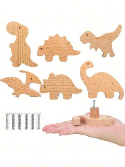 1/6pcs Wooden Dinosaur Knobs, Cartoon Cute Animal Drawer Cabinet Pulls For Kids' Room, Creative Small Hooks For Boys