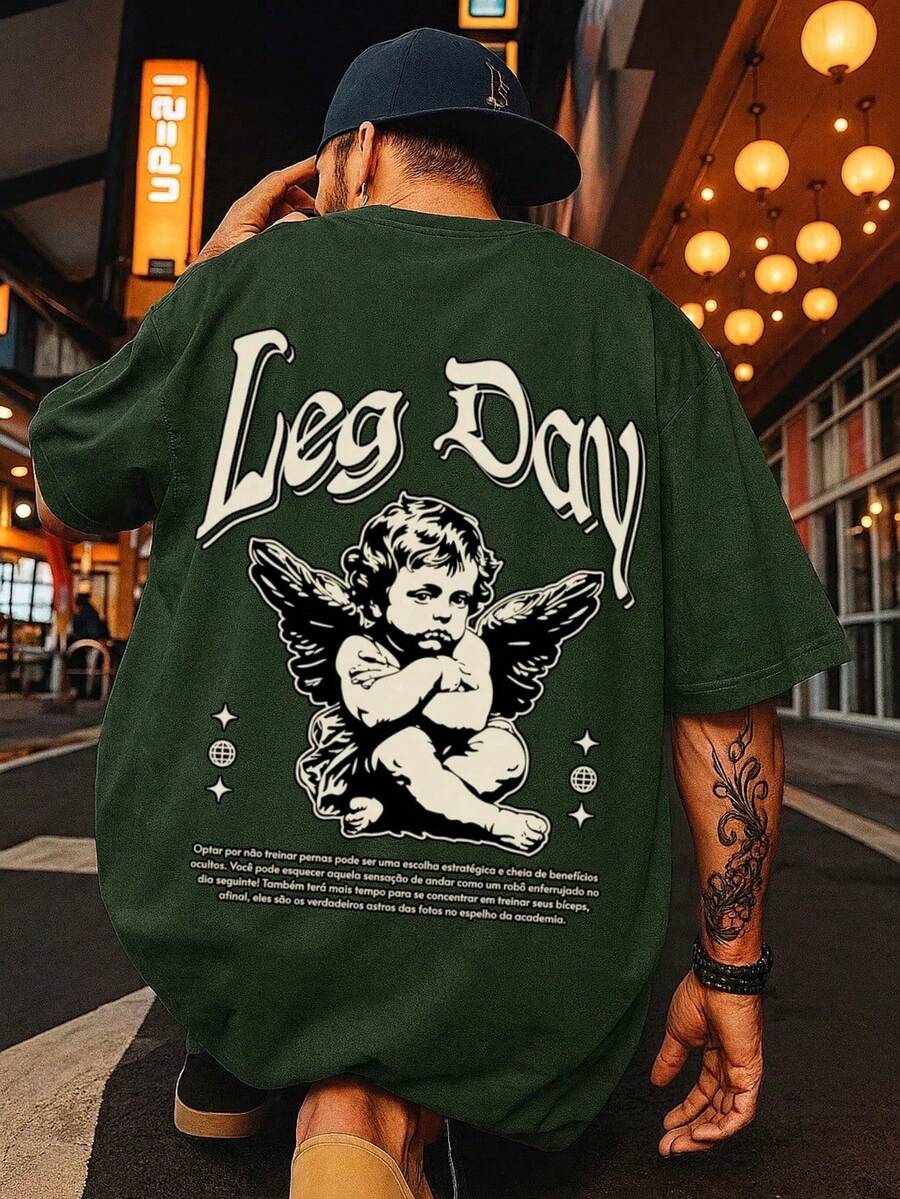 Oversized Gym T-Shirt, Streetwear Printed Shirt, Leg Day Premium Cotton - Verde militar - Ver 1