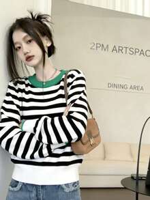 Women Casual Striped Knit Sweater, Pullover - Black and White - View 6