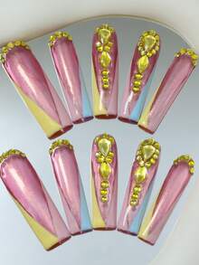 CrystalHola Valentine's Day : 10 Handmade Press-On Nail Stickers, French Square Long Nails, Pink Pearlescent Finish With Yellow Rhinestones, Full Coverage, Removable And Reusable, Long-Lasting And Durable, Unique Summer Nail Art, A Stylish Necklace Essential For Parties And Weddings. Nail Supplies - Multicolor - View 11