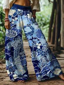 2026 Women's New Arrival Blue & White Retro Floral Print Bohemian Style Wide-Leg Elastic Waist Casual Pants - 藍白色 - 查看 3