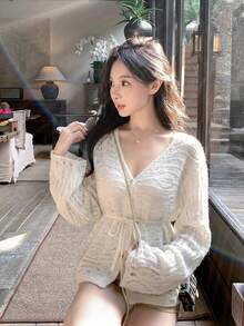 白色V领镂空针织开衫，女士春夏款，清新柔美，独特华丽，收腰设计，时尚有型。 - 杏色 - 查看 7