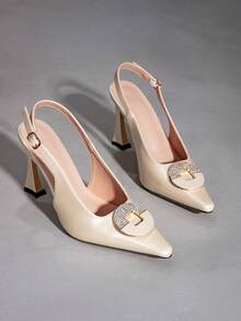 Women's New Pointed Toe Crystal Embellished Hollow Back High Heel Shoes, Elegant For Party And Commute, Versatile - Apricot - View 7