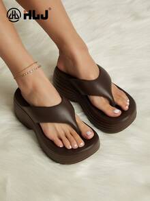 luofu 新款女士时尚坡跟厚底人字拖，户外休闲沙滩凉鞋 - 棕色 - 查看 5