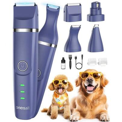 oneisall 4 en 1 kit de aseo inalámbrico para perros con cortapelos de 2 velocidades recortador de patas de bajo ruido y molinillo de uñas silencioso recargable para perros y gatos azul