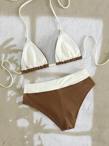 PEPPERMOLLY Bộ bikini kiểu Pháp màu nâu trắng buộc dây cổ - Quần bơi ngắn, họa tiết hoa tinh tế, thích hợp cho kỳ nghỉ biển. - Màu trắng nâu - Xem 4