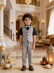 Young Boy Solid Color Single-Breasted Vest, Long Pants And Bow Tie Set Suitable For Performance, Host, Flower Boy And Other Occasions - Grey - View 4
