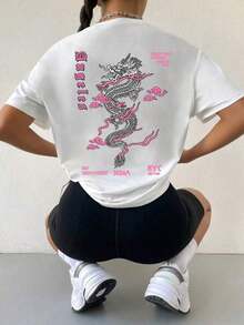 Unisex Casual Short-Sleeved T-Shirt With Dragon Print, Urban Fashion Style For Spring, Summer And All Seasons - White - View 1