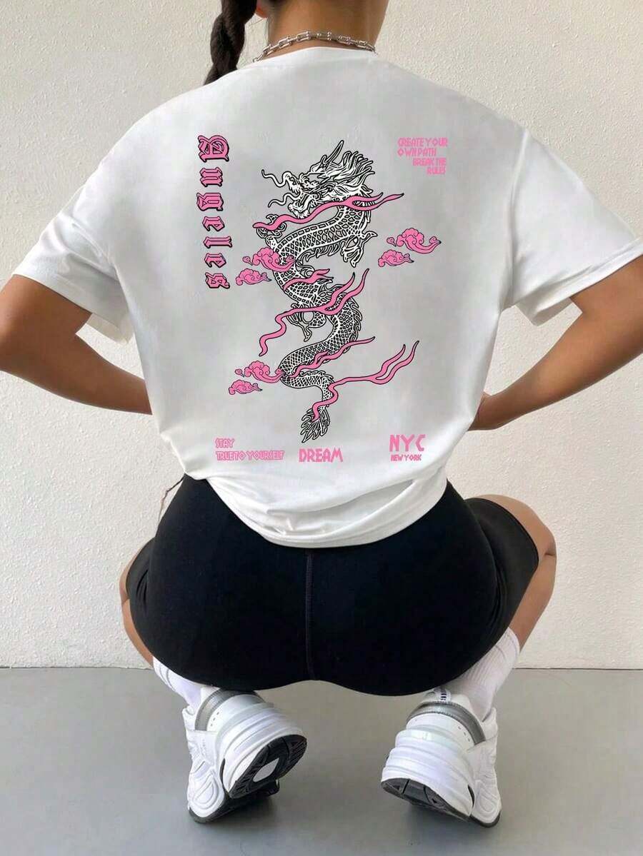 Unisex Casual Short-Sleeved T-Shirt With Dragon Print, Urban Fashion Style For Spring, Summer And All Seasons - White - View 1