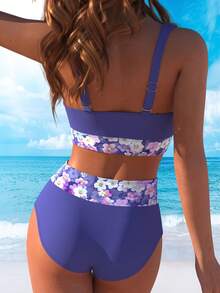 Light Blue Watercolor Floral Print Drawstring Bikini Set - Nhiều màu - Xem 2