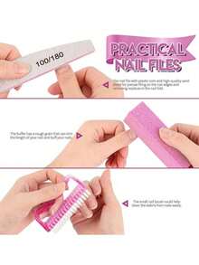 12PCS Manicure And Pedicure Tools Kit, Nail Files 12/Set 100/180, Nail Buffer Block, Nail Cuticle Nippers, Cuticle Pusher, Cuticle Peeler, Nail Lifter For Ingrown Toenails, Toenail File, Nail Brush -Pink - Multicolor - View 2