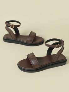 Women's Thick Sole Strap Buckle Sandals, Bohemian Style, Retro Random Print, Open Toe, Comfortable, Wedge Heel, Breathable, Elegant, Suitable For Beach, Spring/Autumn, Coffee Brown, Asymmetrical Embossed, Large Size 41-43 - Coffee Brown - View 2