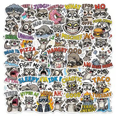 50张顽皮浣熊贴纸 - 各种搞笑姿势和讽刺语录，防水贴纸，可用于个性化物品和礼物，幽默日常贴纸